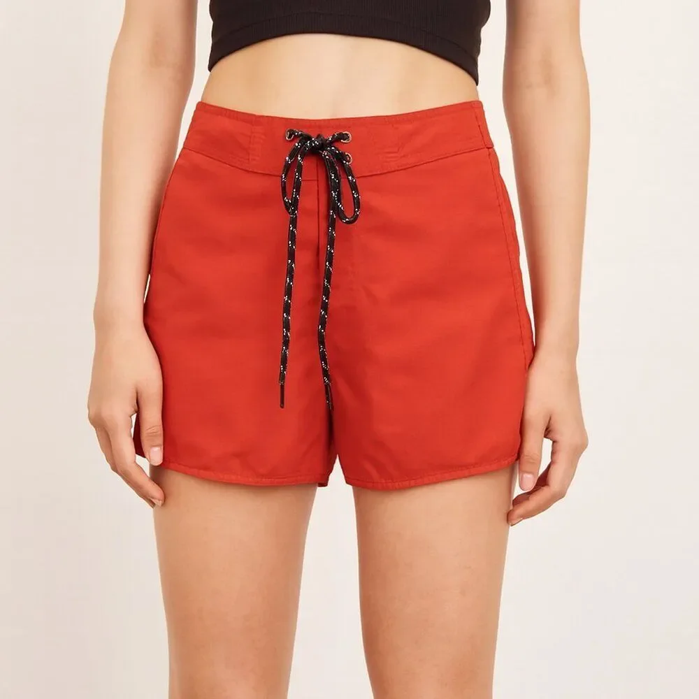 Hollister Red Drawstring Shorts Size S High Rise 6” Inseam Casual Beachwear